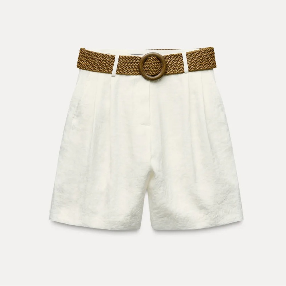 Zara High Waist White Shorts with Brown Belt